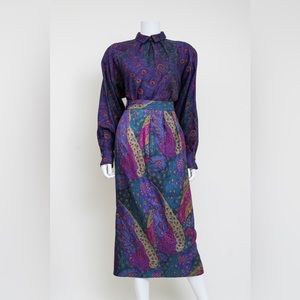 Perry Ellis Vintage 1980s Silk Peacock Feather Print Top And Pencil Skirt